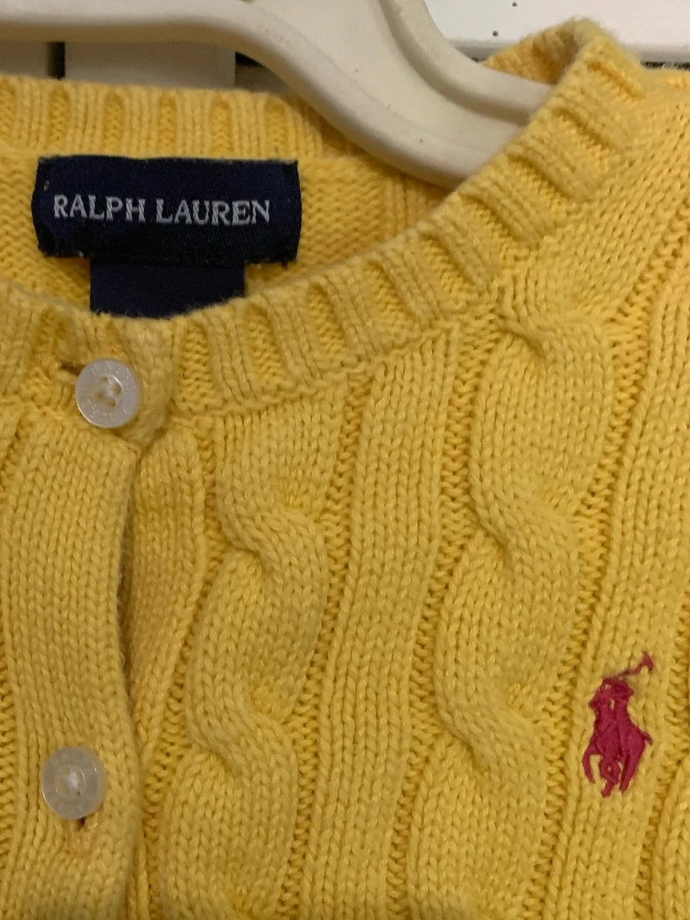 Ralph Lauren Mustard Yellow Cable-Knit Button Up Cardigan Pink Logo